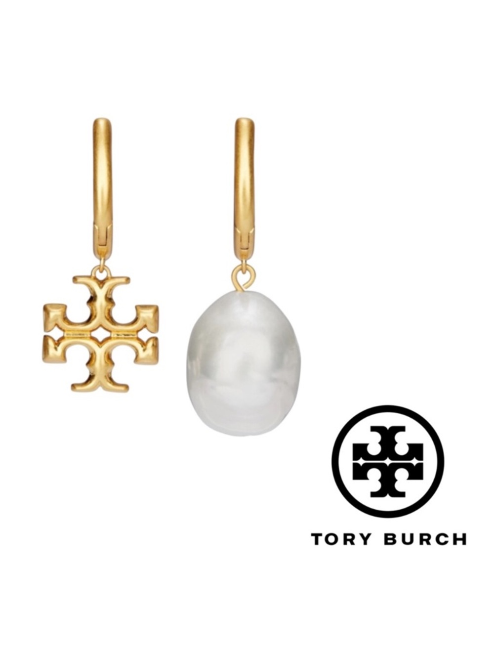 Tory Burch Eleanor Mismatch Hoop Earrings Gold Pearl Double T Drop NWT